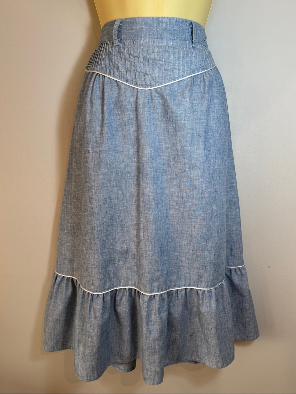 Vintage 70s 80s Tem Tex Western Prairie Skirt Chambray Blue Ruffle Maxi 28” W - Picture 6 of 14